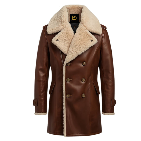 Mens Brown Leather Shearling Trench Coat: Double Breasted Military Style Winter Jacket