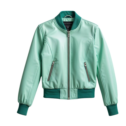 Women Mint Green Real Leather Bomber Jacket Teal Ribbed Collar Casual Streetwear Outerwear Coat