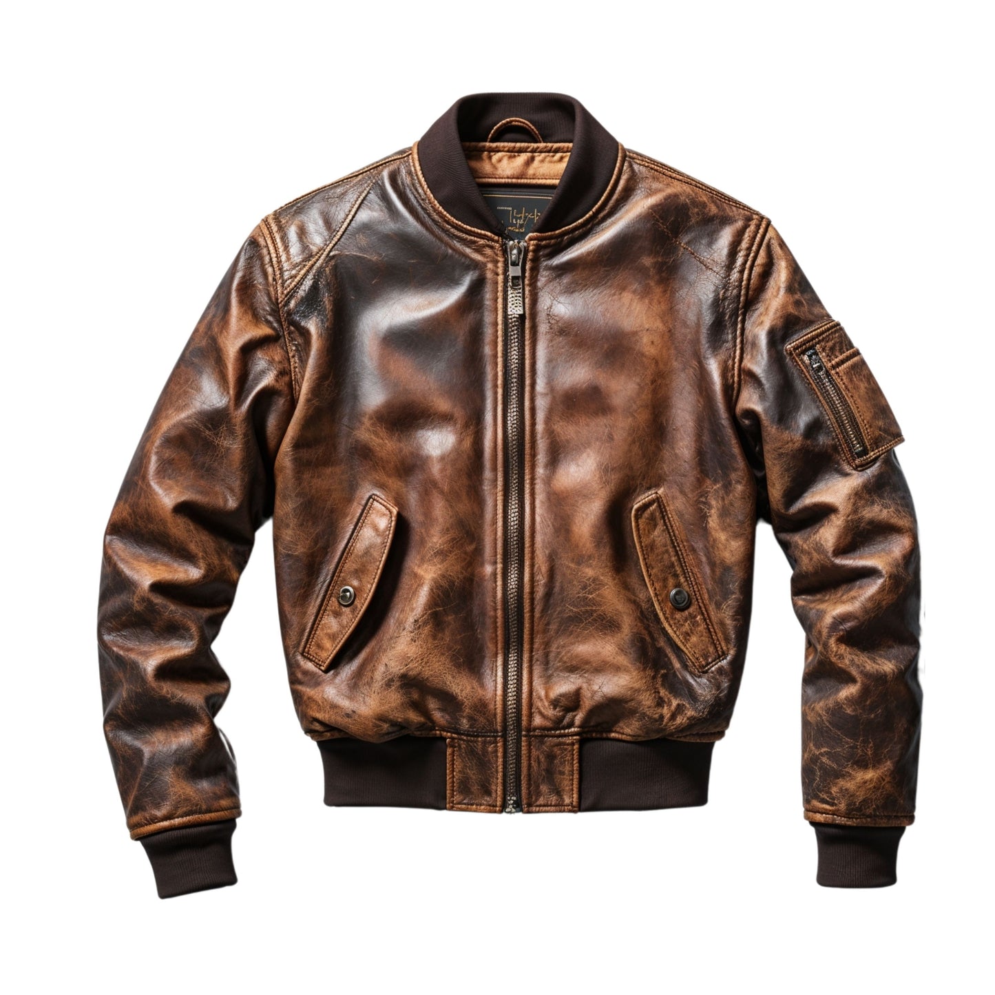 Vintage Brown Distressed Leather Bomber Jacket Classic Zip Front Multiple Pockets Stylish Everyday Wear