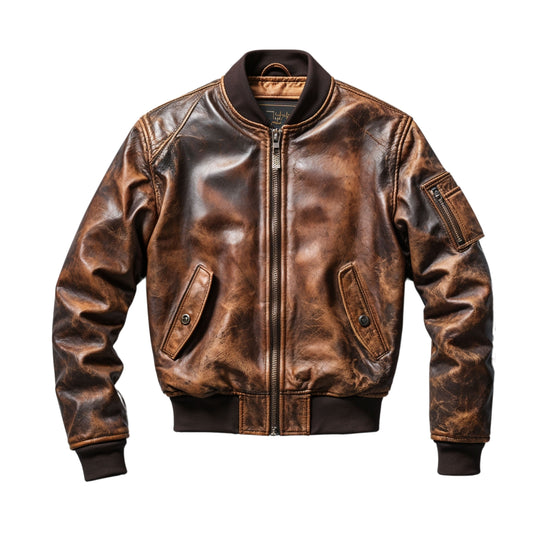 Vintage Brown Distressed Leather Bomber Jacket Classic Zip Front Multiple Pockets Stylish Everyday Wear