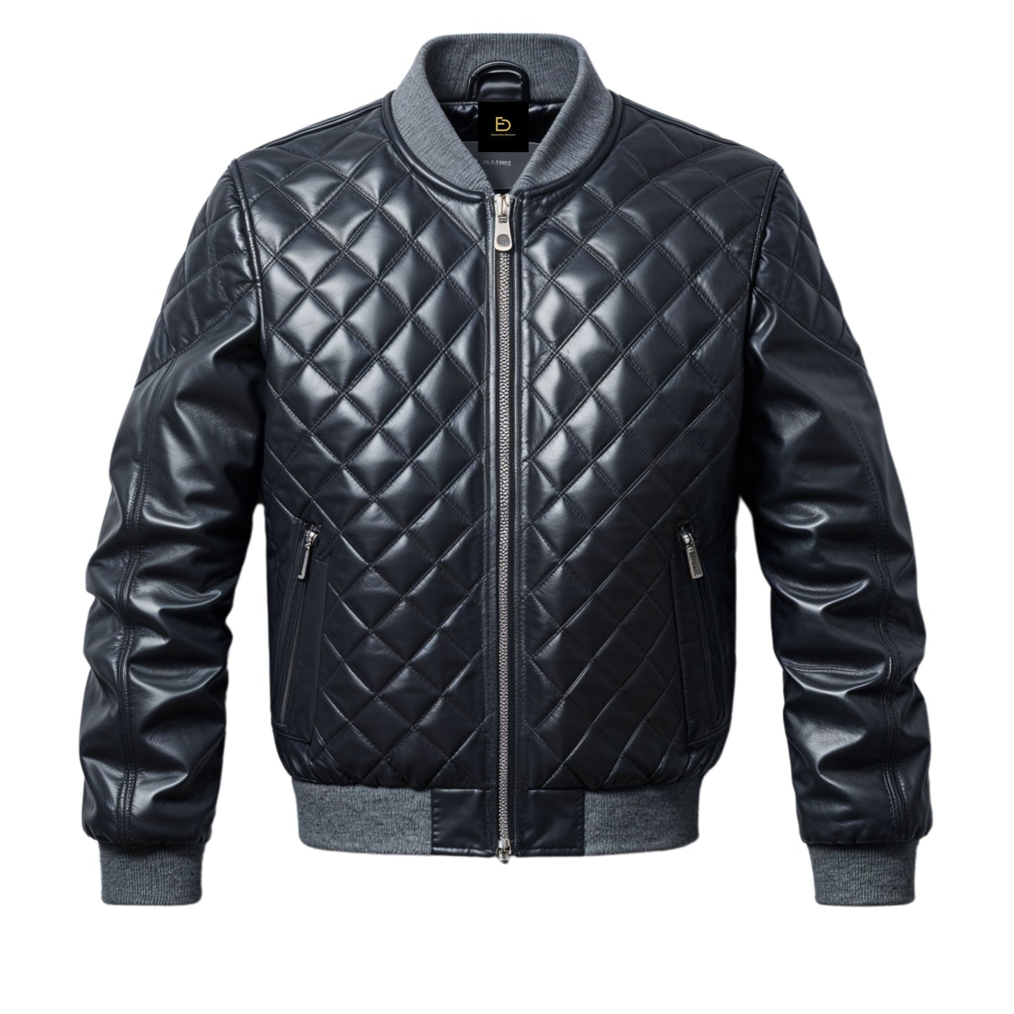 Men's Black Quilted Leather Bomber Jacket with Ribbed Collar and Cuffs