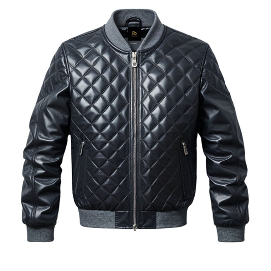 Men's Black Quilted Leather Bomber Jacket with Ribbed Collar and Cuffs