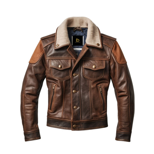 Men's Vintage Brown Genuine Leather Jacket: Classic Style, Multiple Pockets, Everyday Wear