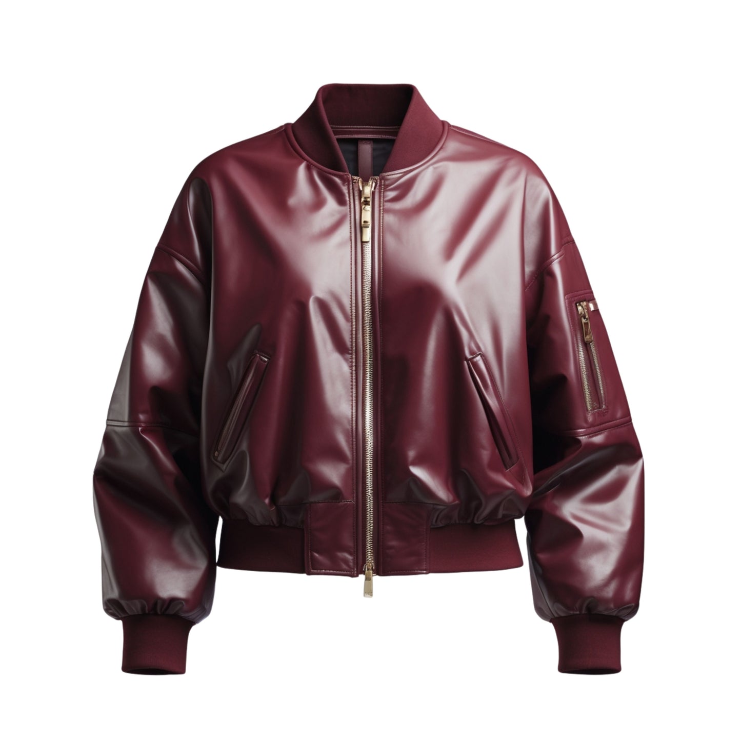 Womens Burgundy Real Leather Bomber Jacket Cropped Oversized Aviator Coat Ribbed Collar Streetwear Style
