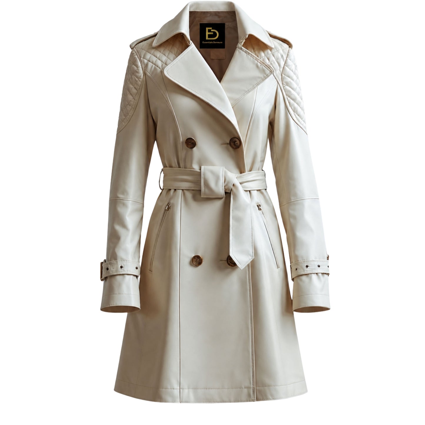 Women's White Leather Trench Coat: Quilted Shoulder, Belted Double-Breasted Modern Style