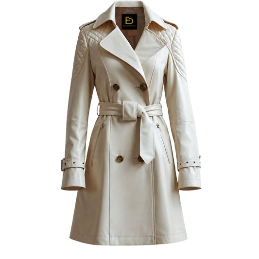 Women's White Leather Trench Coat: Quilted Shoulder, Belted Double-Breasted Modern Style