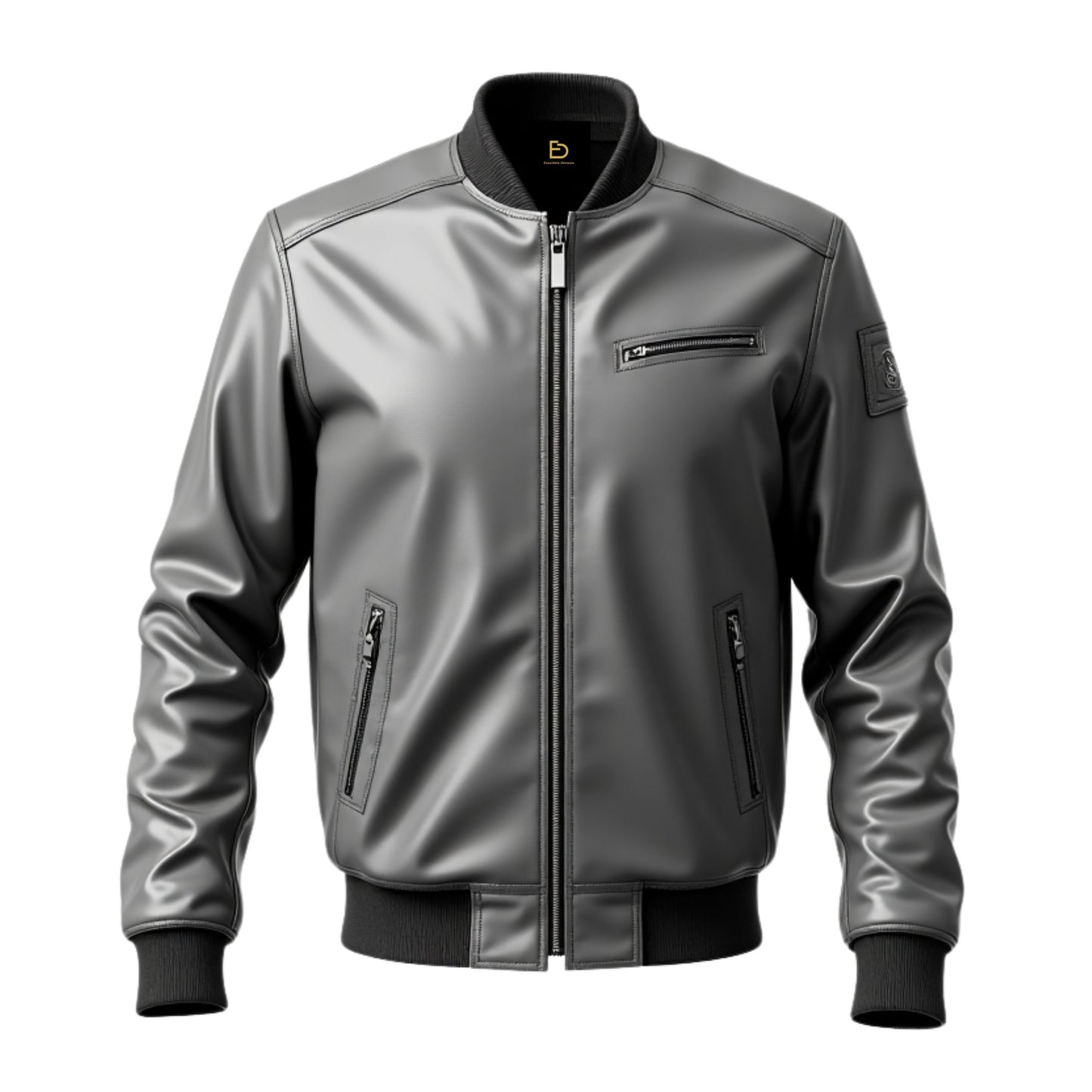 Men's Grey Real Leather Bomber Jacket with Ribbed Collar and Zippered Pockets