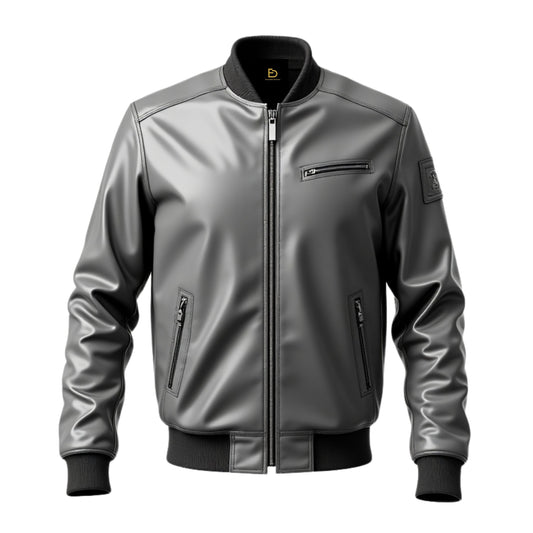 Men's Grey Real Leather Bomber Jacket with Ribbed Collar and Zippered Pockets