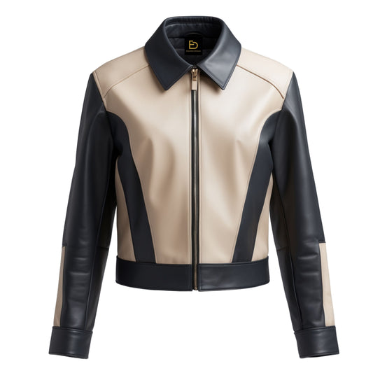 Women's Two-Tone Leather Racer Jacket with Gold Zip Shirt Collar