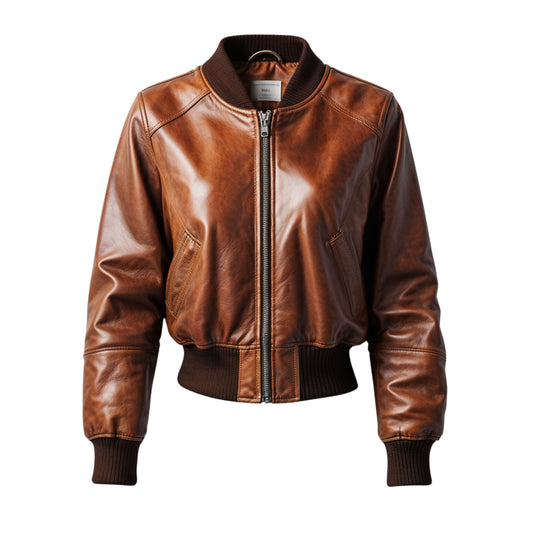 Womens Camel Brown Leather Bomber Jacket: 80s Retro Sporty Style