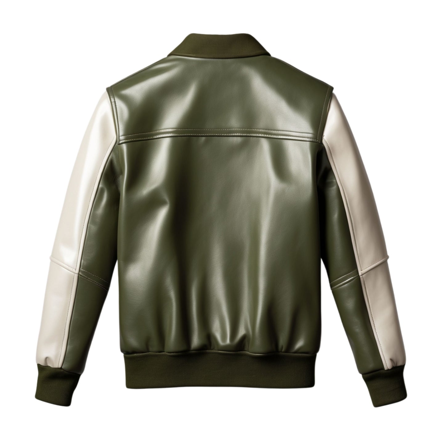 Men's Olive Green Real Leather Bomber Jacket with White Sleeves – Casual Trendy Wear