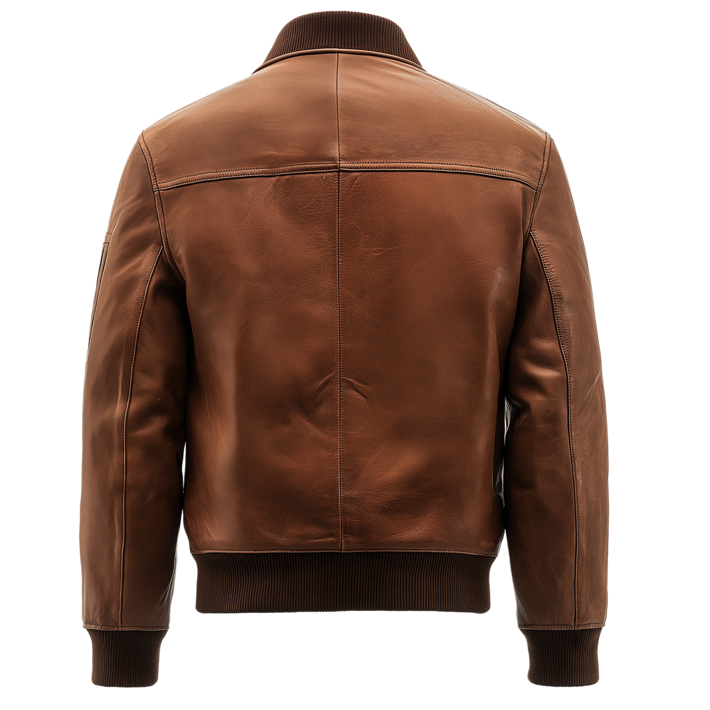 Tan Leather Bomber Jacket with Quilted Shoulders and Ribbed Accents
