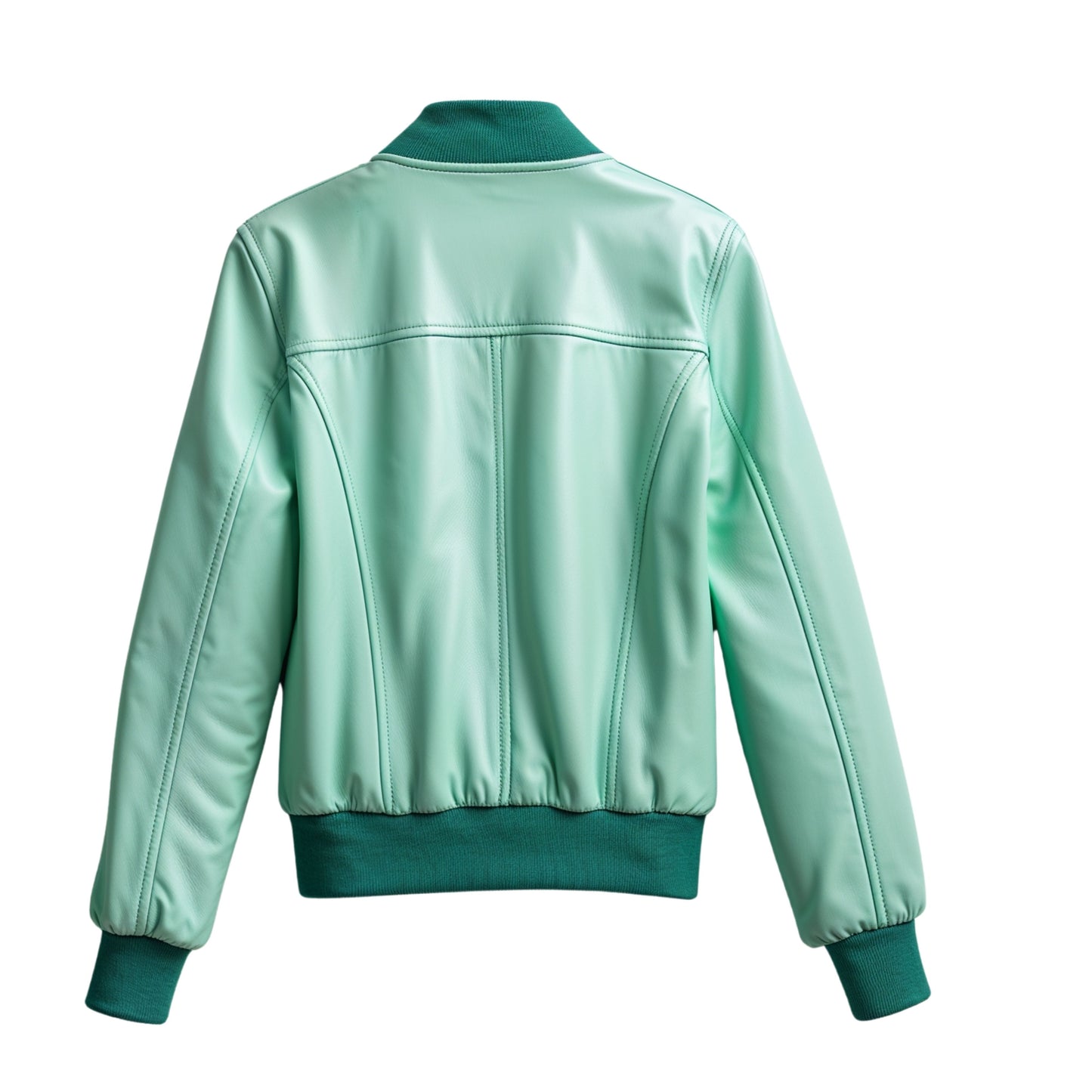 Women Mint Green Real Leather Bomber Jacket Teal Ribbed Collar Casual Streetwear Outerwear Coat
