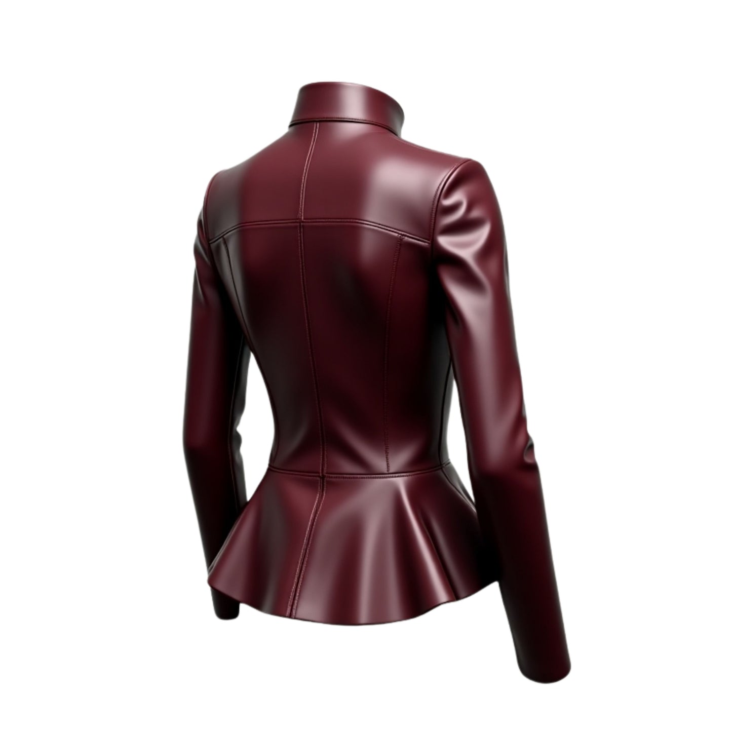 Burgundy Real Leather Peplum Jacket, Stand Collar Zip Front Fitted Coat
