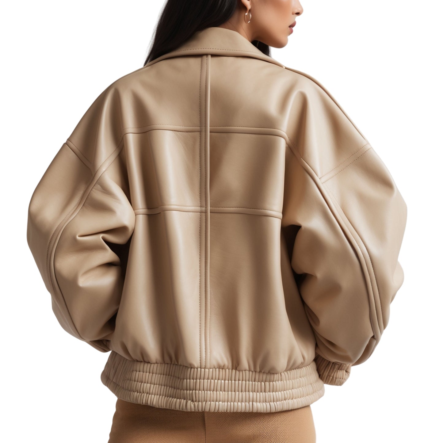 Womens Real Leather Oversized Moto Jacket – Beige Cropped Biker Coat