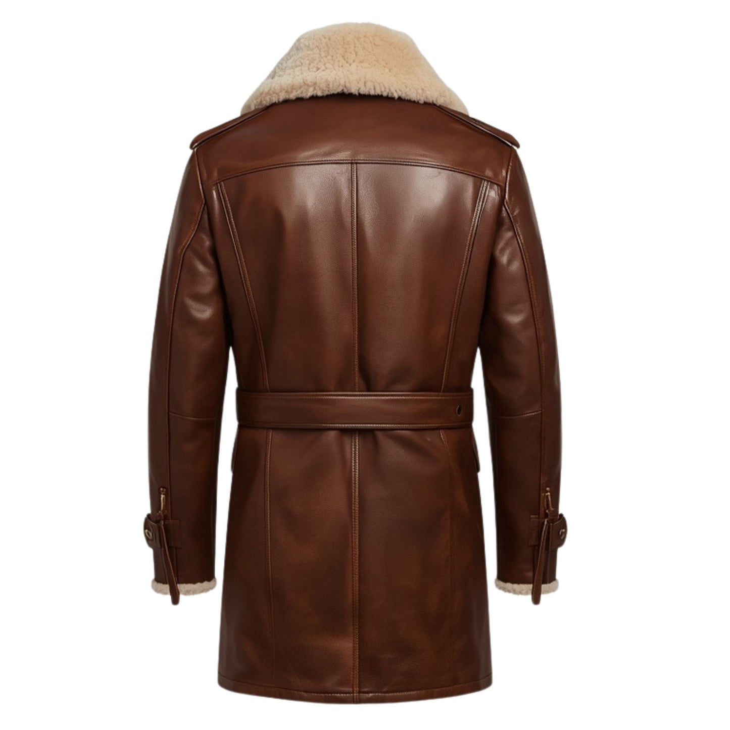 Mens Brown Leather Shearling Trench Coat: Double Breasted Military Style Winter Jacket