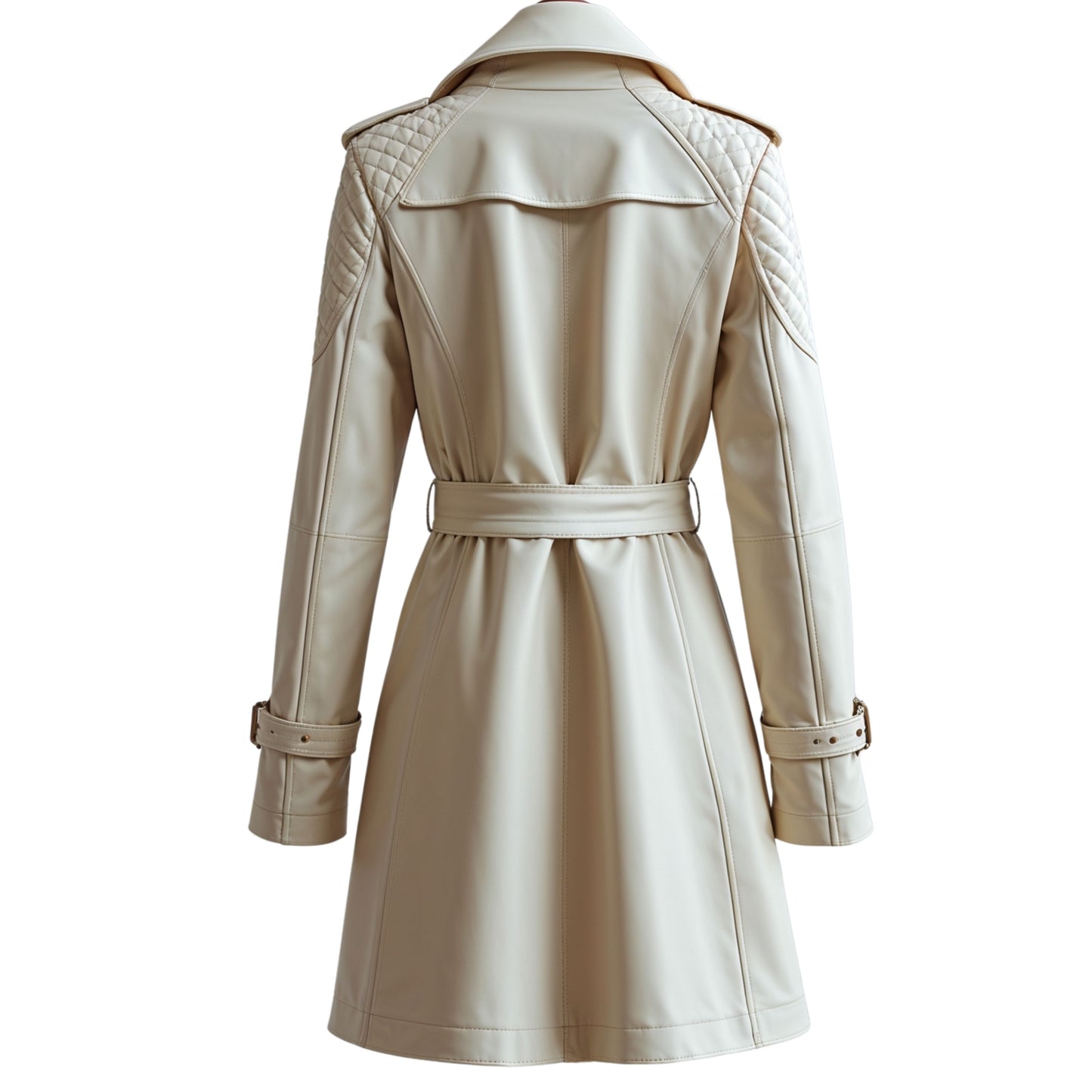 Women's White Leather Trench Coat: Quilted Shoulder, Belted Double-Breasted Modern Style