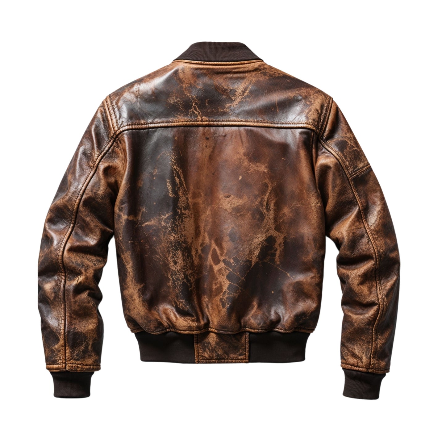 Vintage Brown Distressed Leather Bomber Jacket Classic Zip Front Multiple Pockets Stylish Everyday Wear