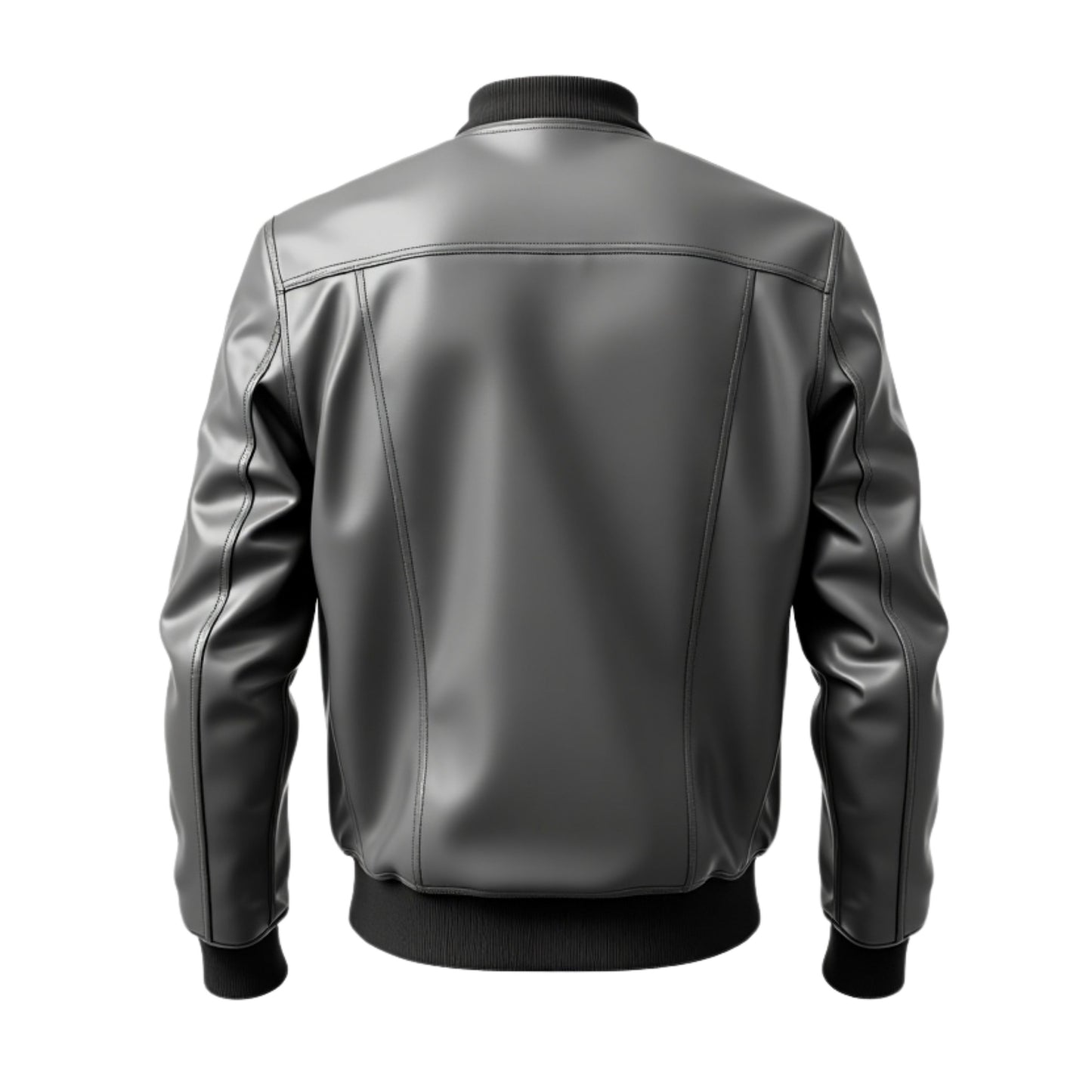 Men's Grey Real Leather Bomber Jacket with Ribbed Collar and Zippered Pockets