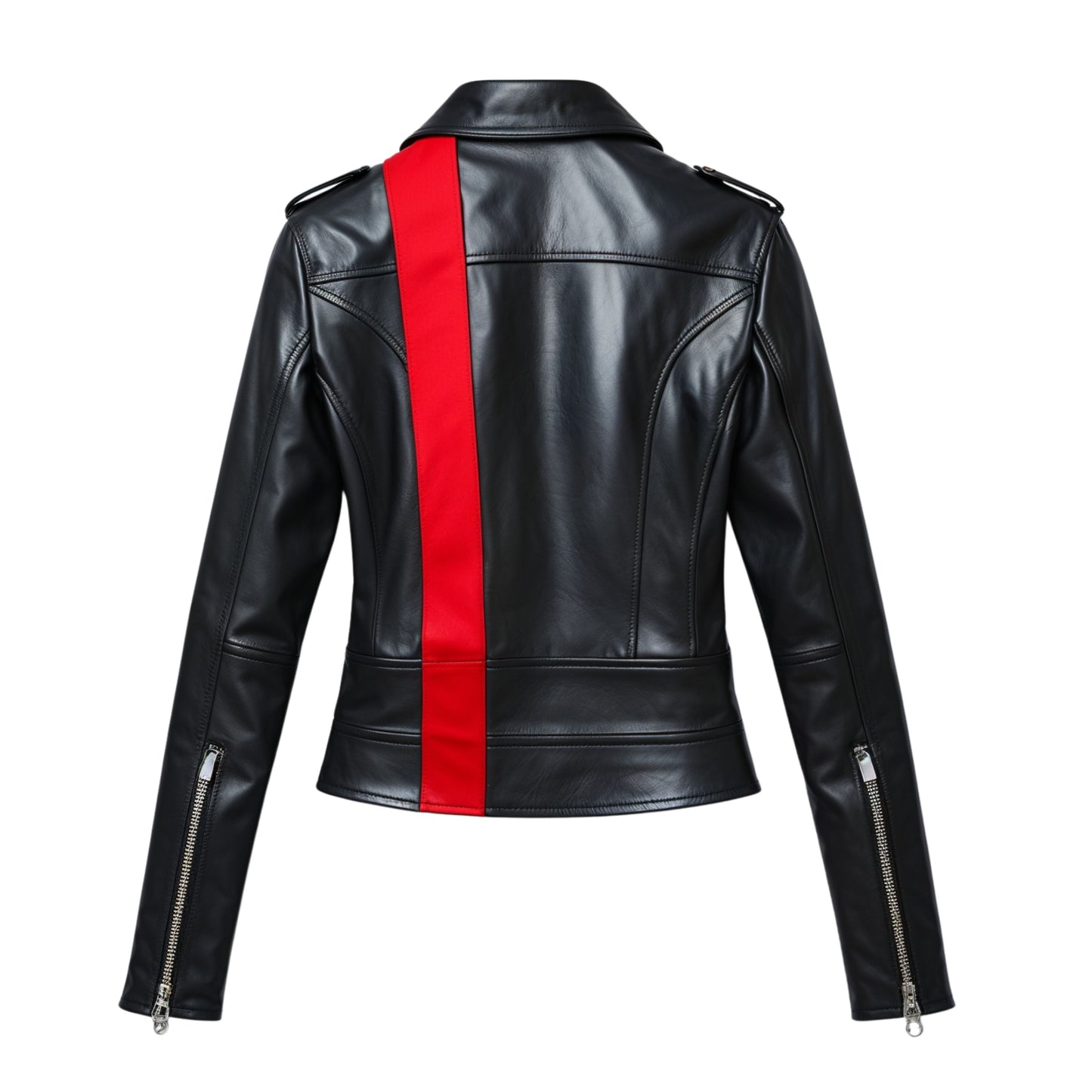 Black Real Leather Moto Jacket with Red Sleeve Stripes, Asymmetric Zip Biker Fit