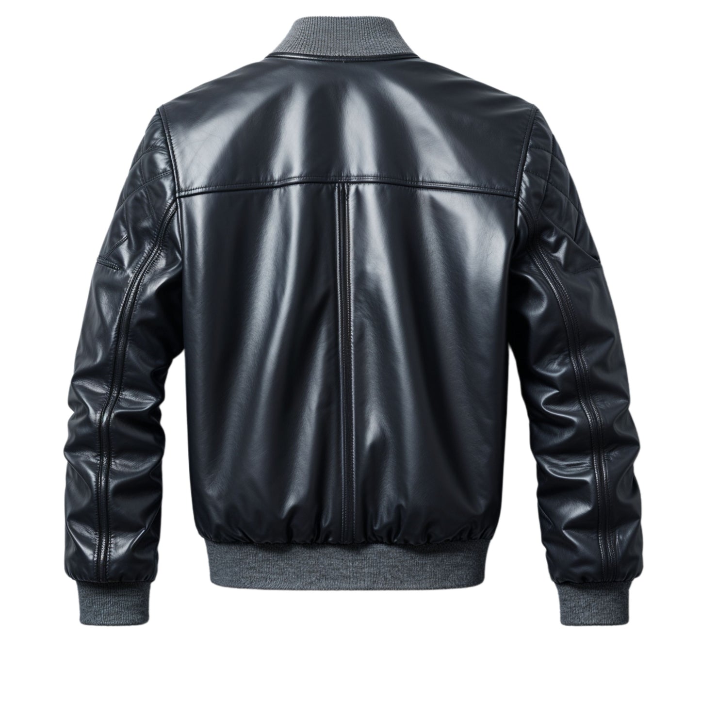 Men's Black Quilted Leather Bomber Jacket with Ribbed Collar and Cuffs