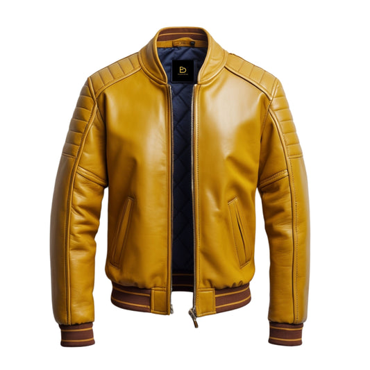 Men's Mustard Yellow Real Leather Bomber Jacket with Ribbed Knit Cuffs – Modern Casual Style