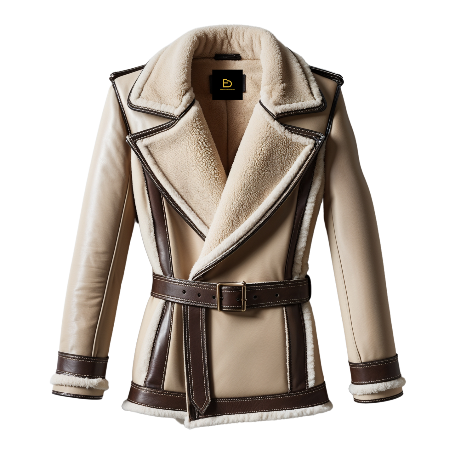 Luxury Beige Brown Real Leather Shearling Jacket Men Wide Lapel Belted Waist Soft Lining Winter Fashion