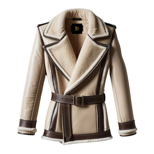Luxury Beige Brown Real Leather Shearling Jacket Men Wide Lapel Belted Waist Soft Lining Winter Fashion