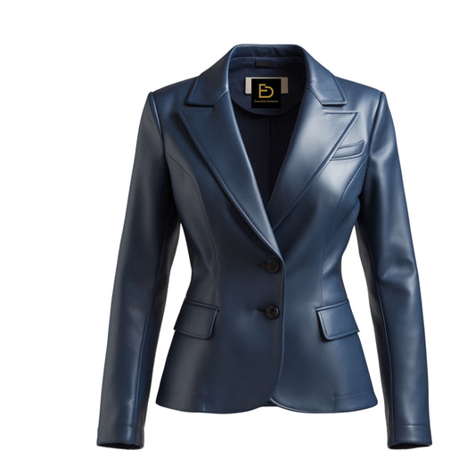 Navy Blue Genuine Leather Blazer Jacket: Two-Button Notched Lapel Coat