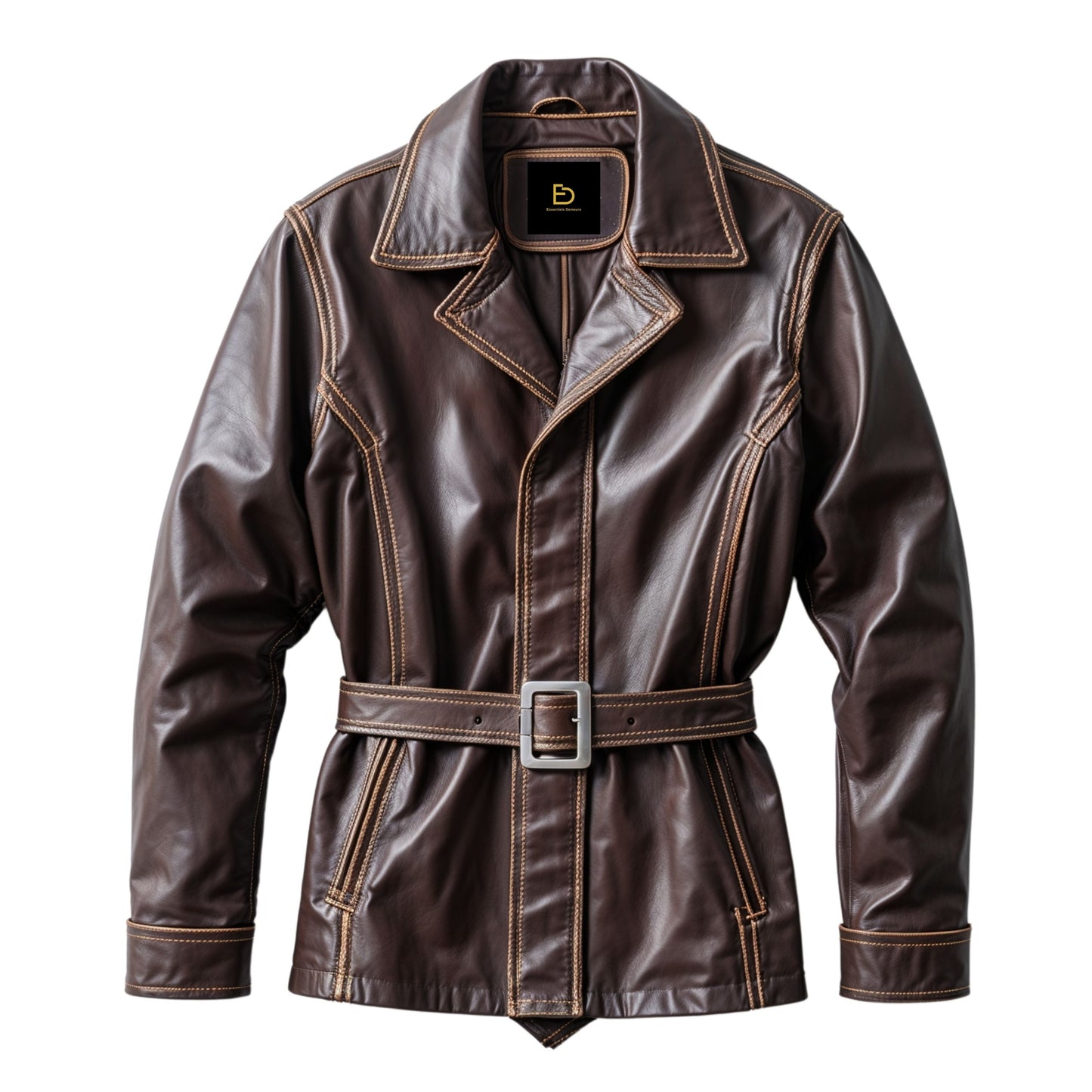Men Brown Belted Trench Real Leather Jacket Contrast Stitching Classic Collar Vintage Sophisticated Style