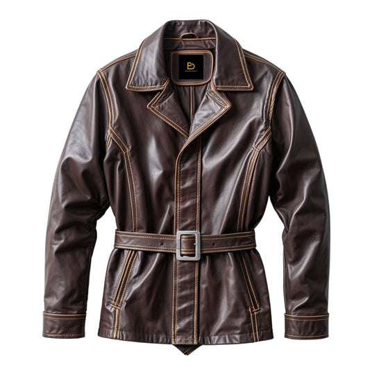 Men Brown Belted Trench Real Leather Jacket Contrast Stitching Classic Collar Vintage Sophisticated Style