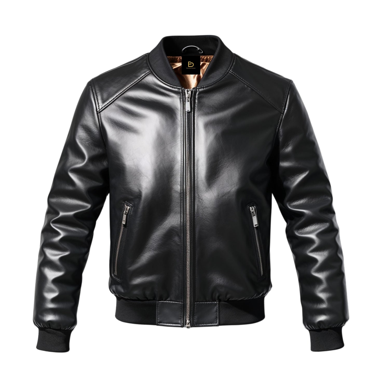 Men's Black Leather Bomber Jacket with Ribbed Trim, Zipper Closure, Versatile Style