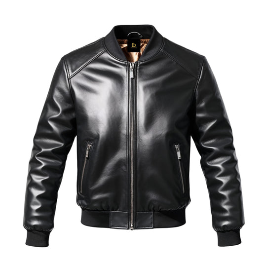Men's Black Leather Bomber Jacket with Ribbed Trim, Zipper Closure, Versatile Style