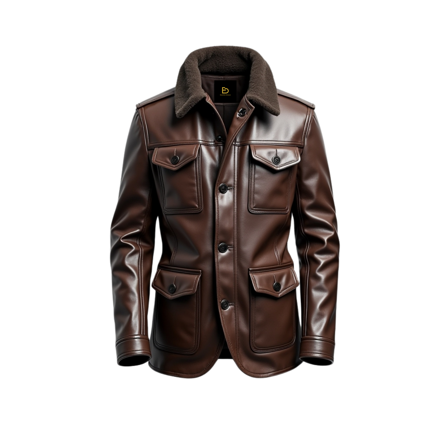 Brown Leather Military Field Jacket with Fur Collar, Four Pockets