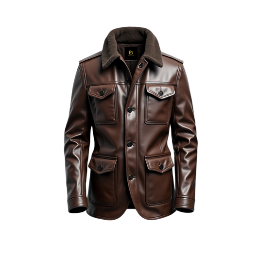 Brown Leather Military Field Jacket with Fur Collar, Four Pockets