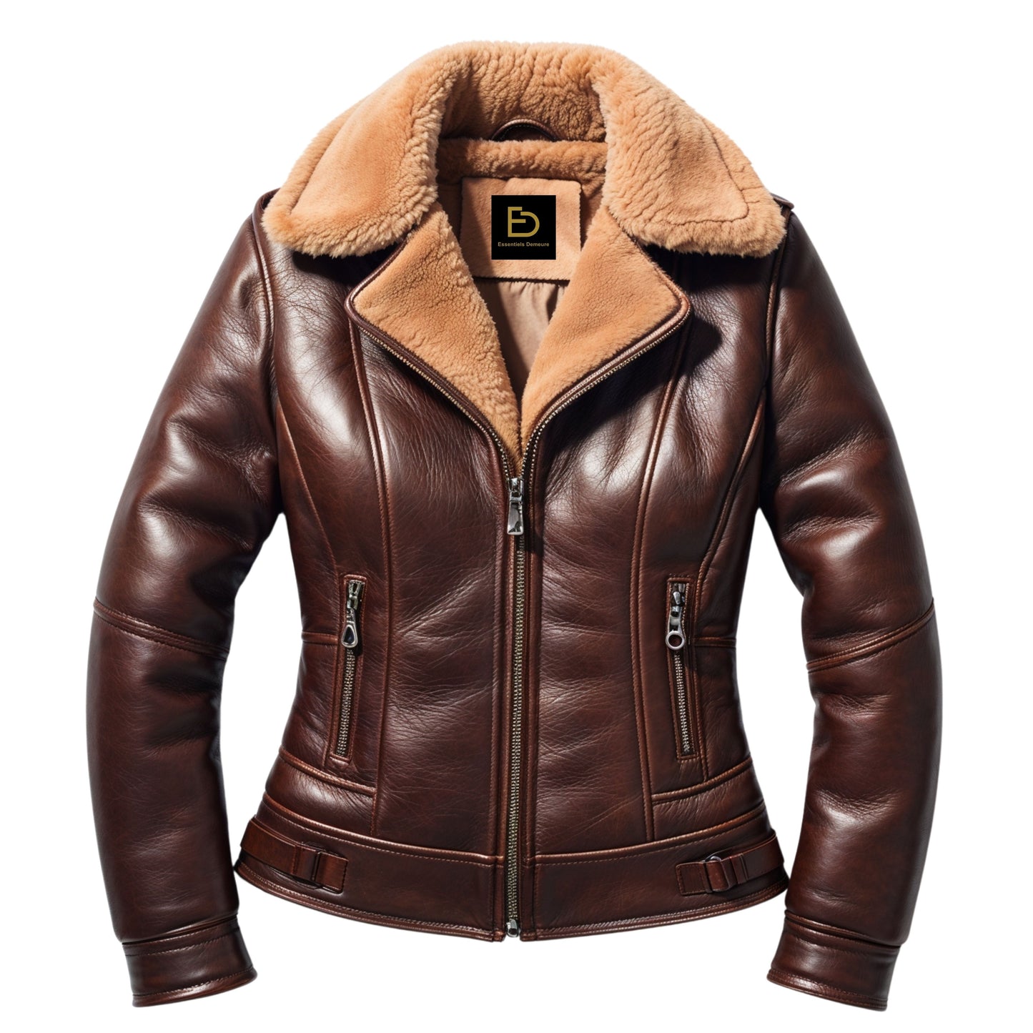 Brown Real Leather Shearling Aviator Jacket with Tan Plush Collar – Slim Fit Buckle Tabs