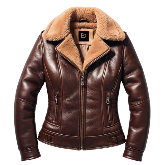 Brown Real Leather Shearling Aviator Jacket with Tan Plush Collar – Slim Fit Buckle Tabs