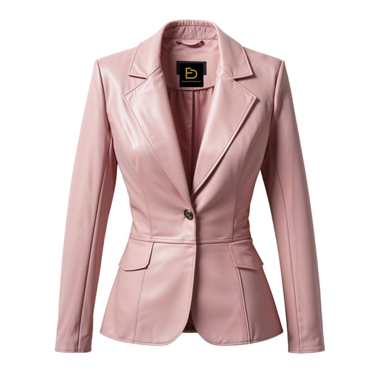 Pink Real Leather Blazer Jacket: Peak Lapel, Single Button, Slim Fit Style