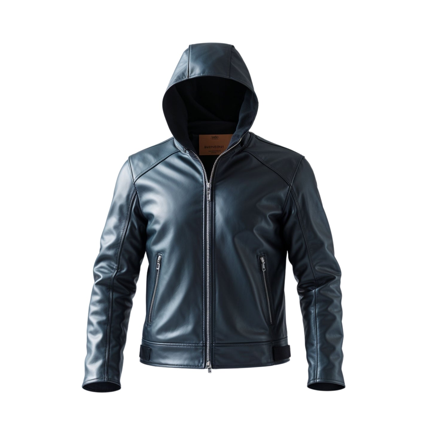 Men's Black Leather Hooded Jacket: Zip Front, Adjustable Cuffs, Urban Style