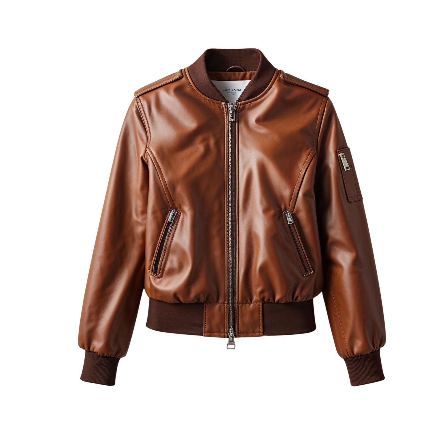 Women's Cognac Brown Leather Cropped Bomber Jacket – Ribbed Collar Flight Style