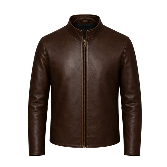 Men's Distressed Leather Cafe Racer Jacket – Dark Brown Biker Style Slim Fit