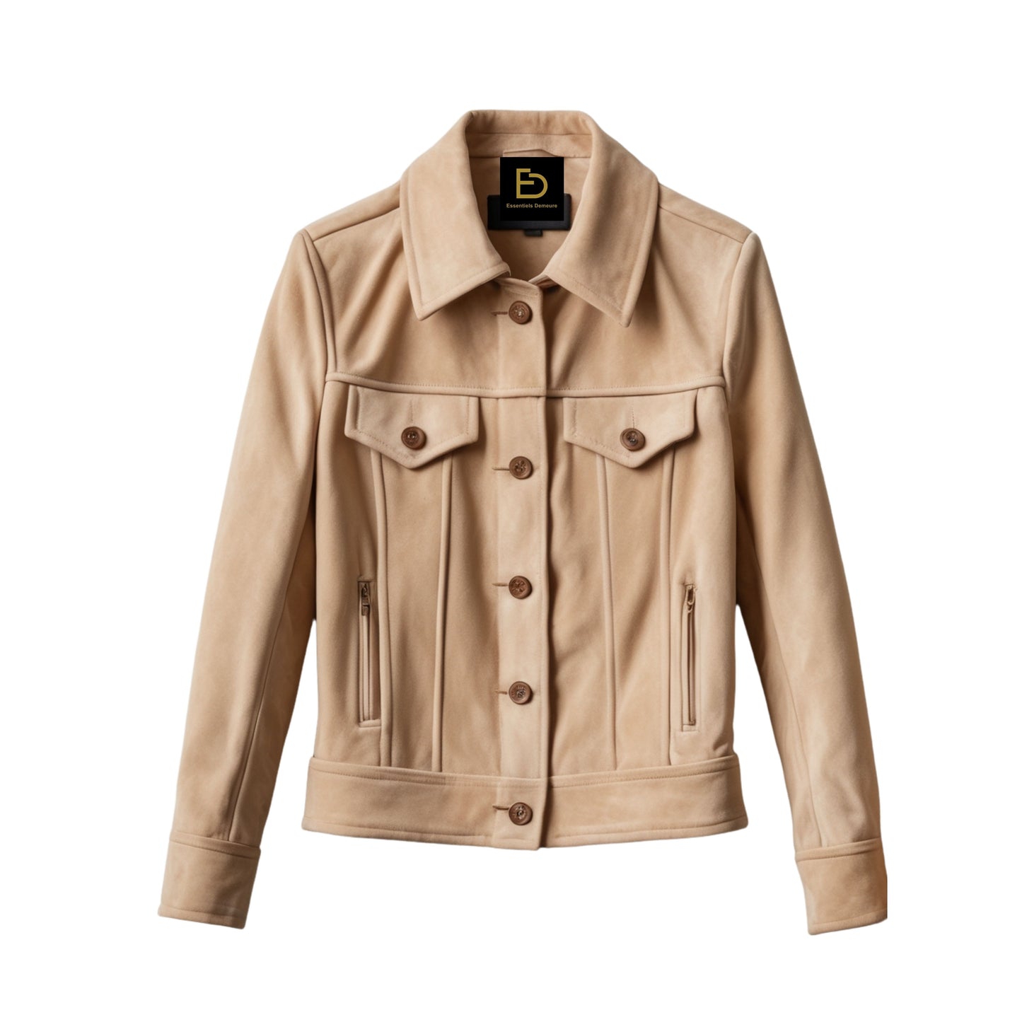 Beige Suede Leather Trucker Jacket: Slim Fit, Button Front, Casual Outerwear