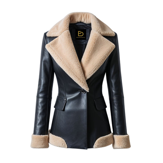 Women Real Leather Black Shearling Jacket Contrast Collar Cuffs Tailored Winter Outerwear Fashion Style