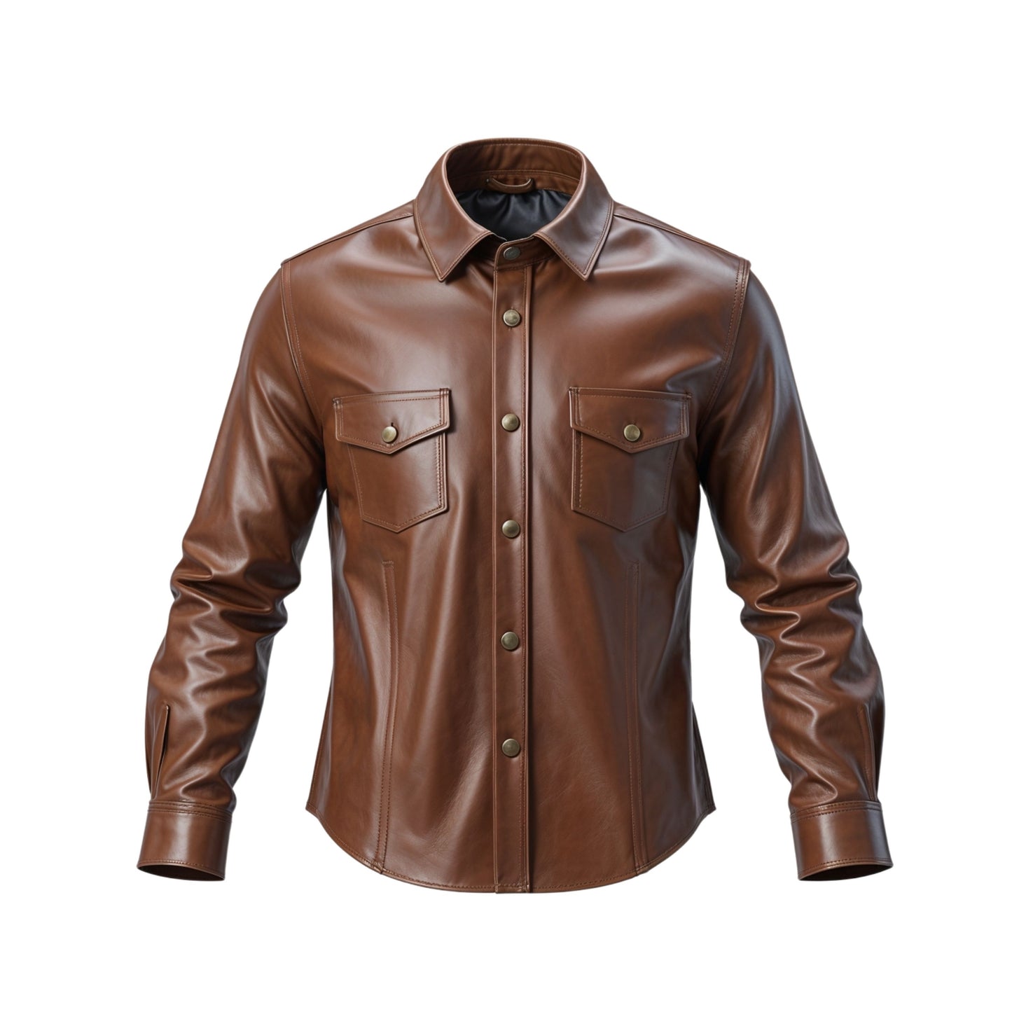 Men's Brown Real Leather Shirt Jacket: Snap Button, Chest Pockets, Casual Layering