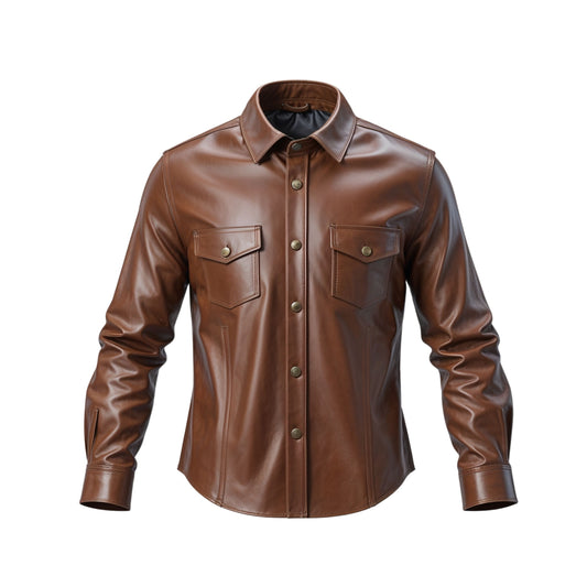 Men's Brown Real Leather Shirt Jacket: Snap Button, Chest Pockets, Casual Layering