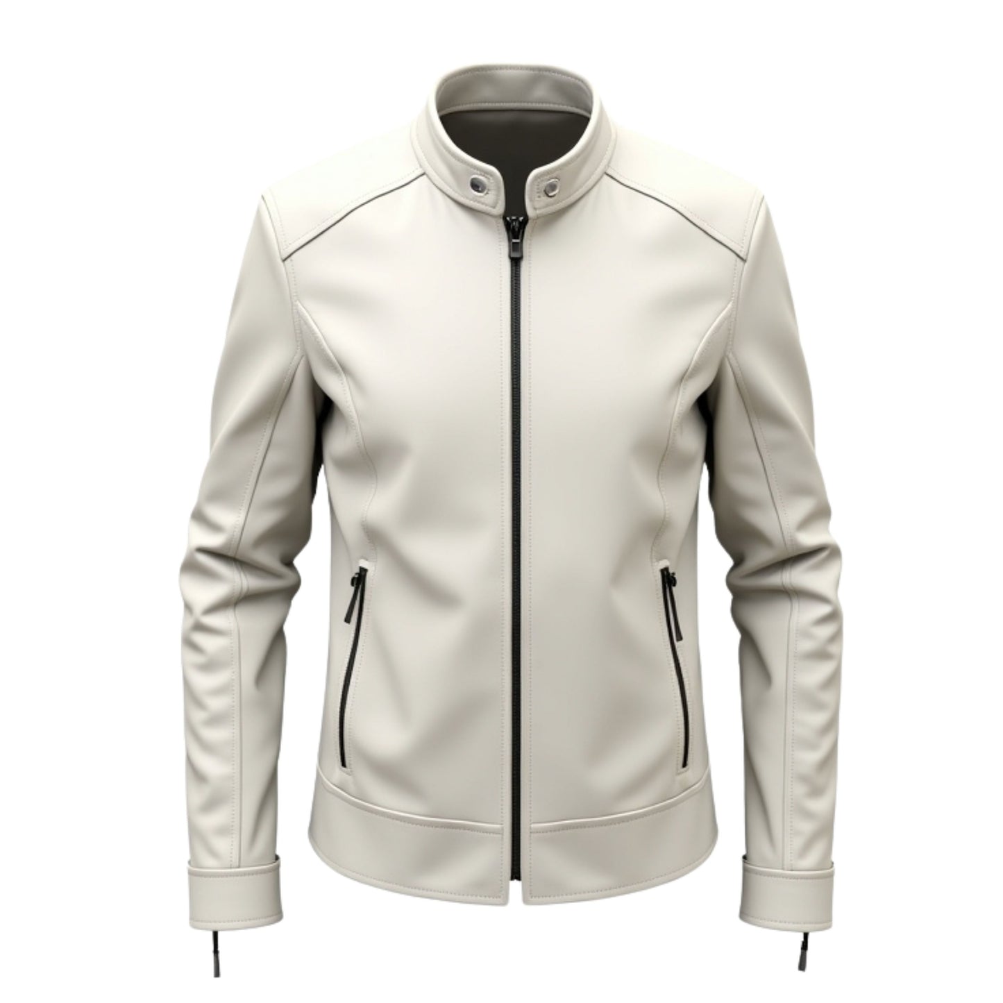 Men's White Real Leather Jacket: Stand Collar, Zip Pockets, Minimalist Style