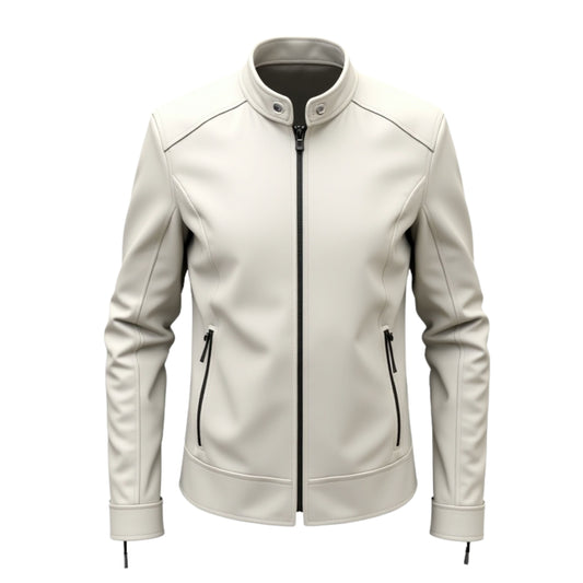 Men's White Real Leather Jacket: Stand Collar, Zip Pockets, Minimalist Style