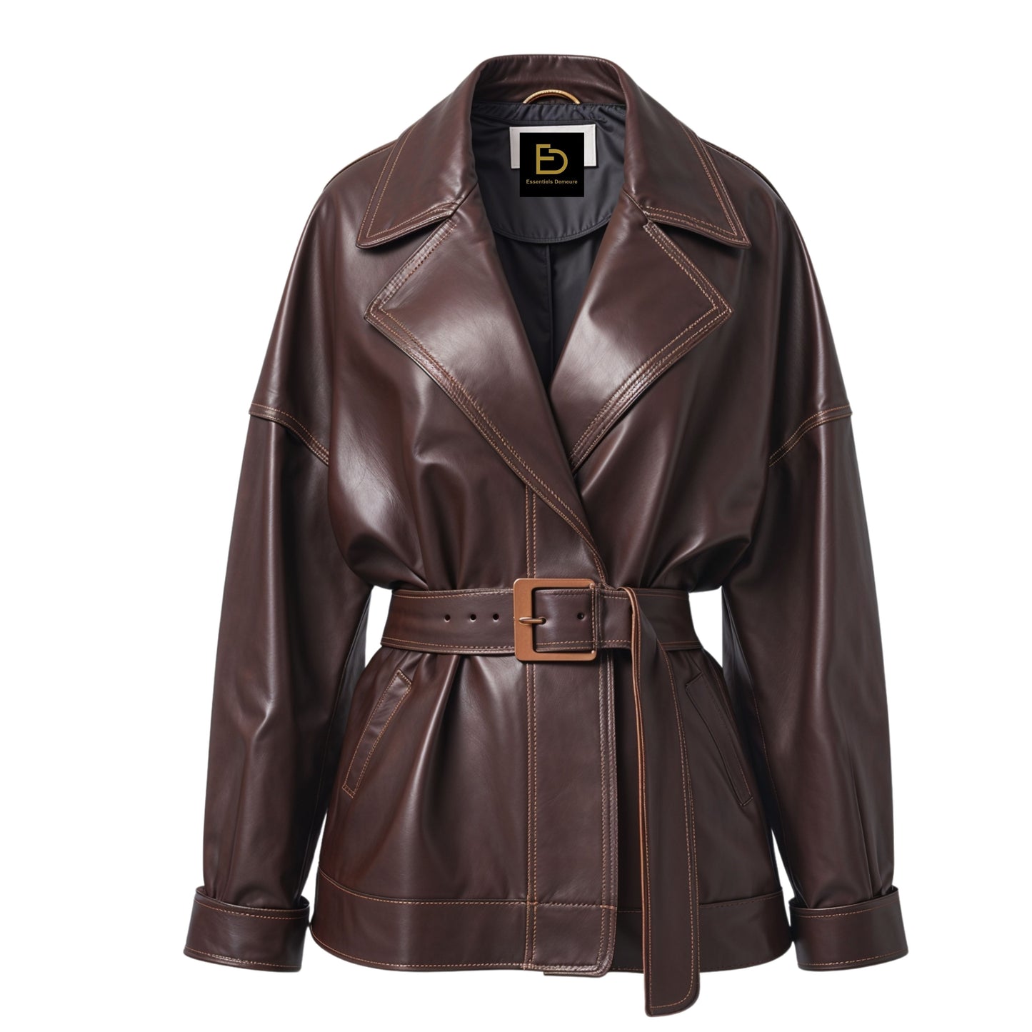 Brown Leather Belted Trench Coat: Oversized Lapel, Buckle Waist, Relaxed Fit
