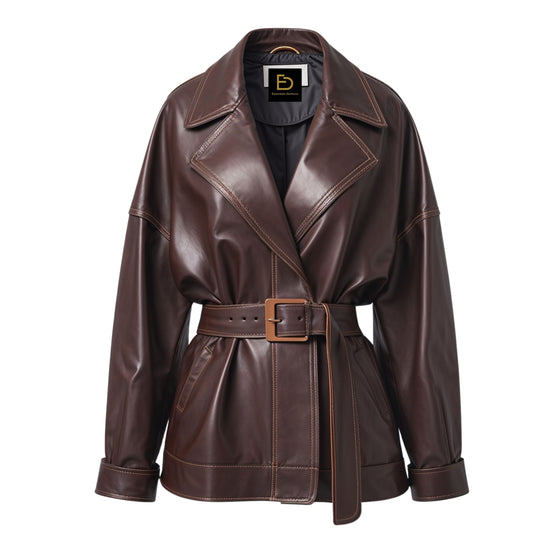 Brown Leather Belted Trench Coat: Oversized Lapel, Buckle Waist, Relaxed Fit
