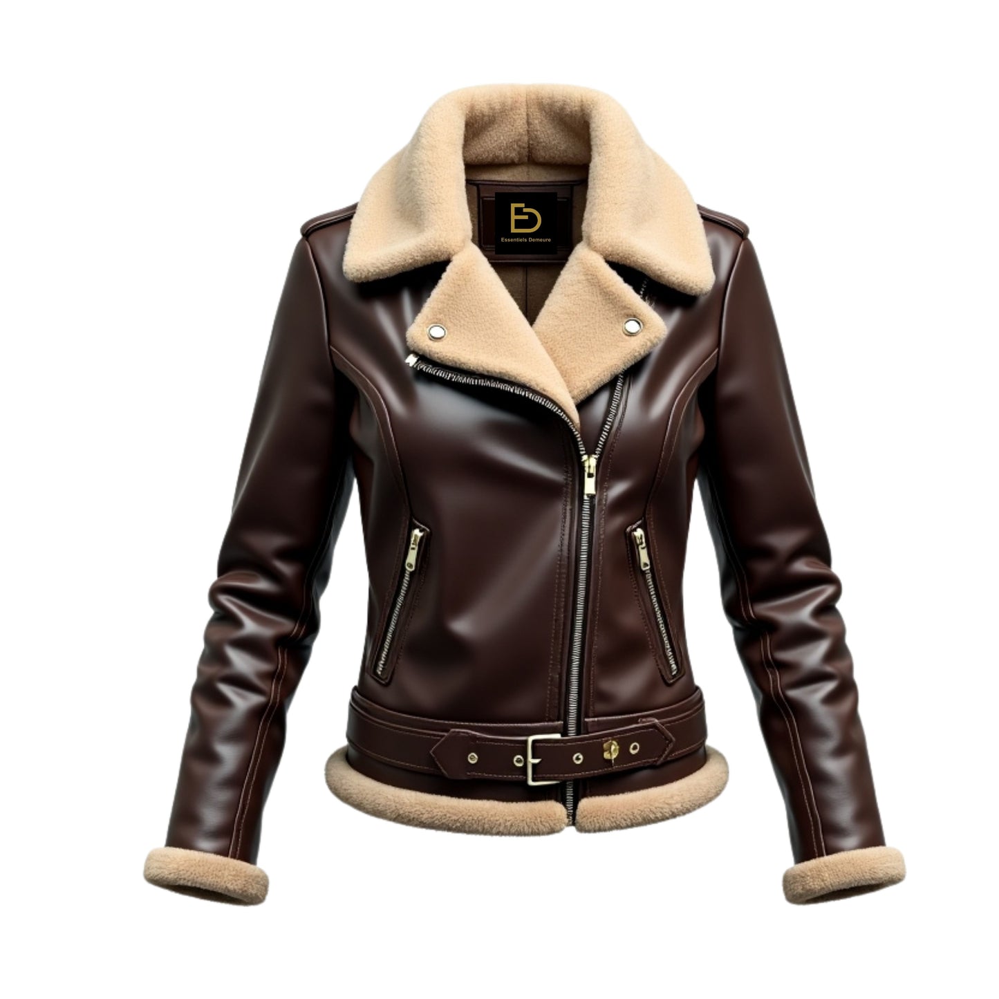 Women's Dark Brown Real Leather Shearling Aviator Jacket – Belted Biker Style